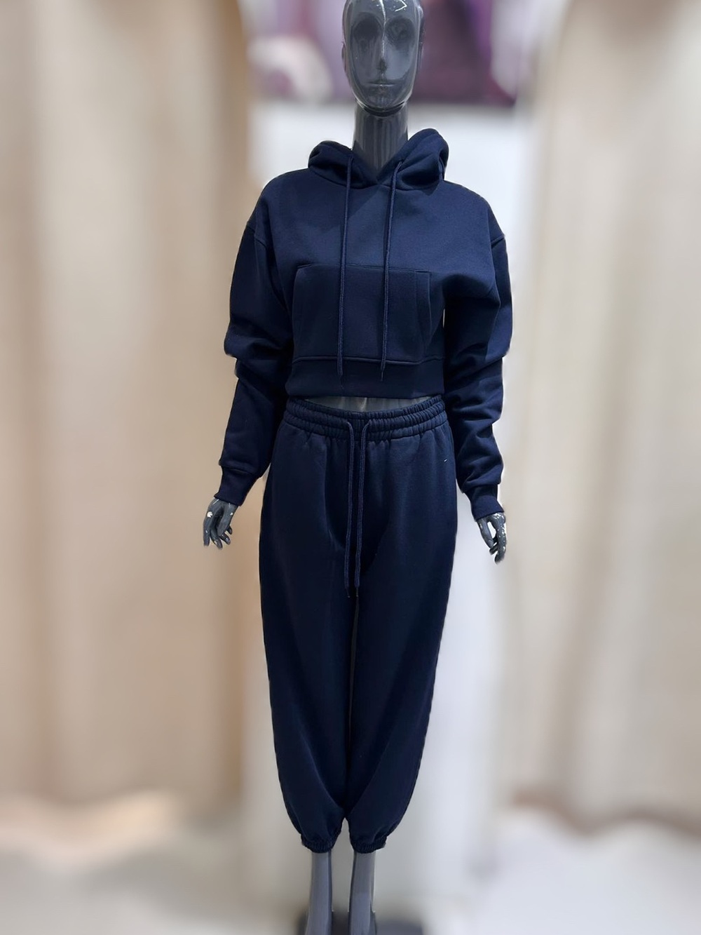 Zara Women's Navy Cropped Hoodie & Jogger Set Size XS, S, M, L